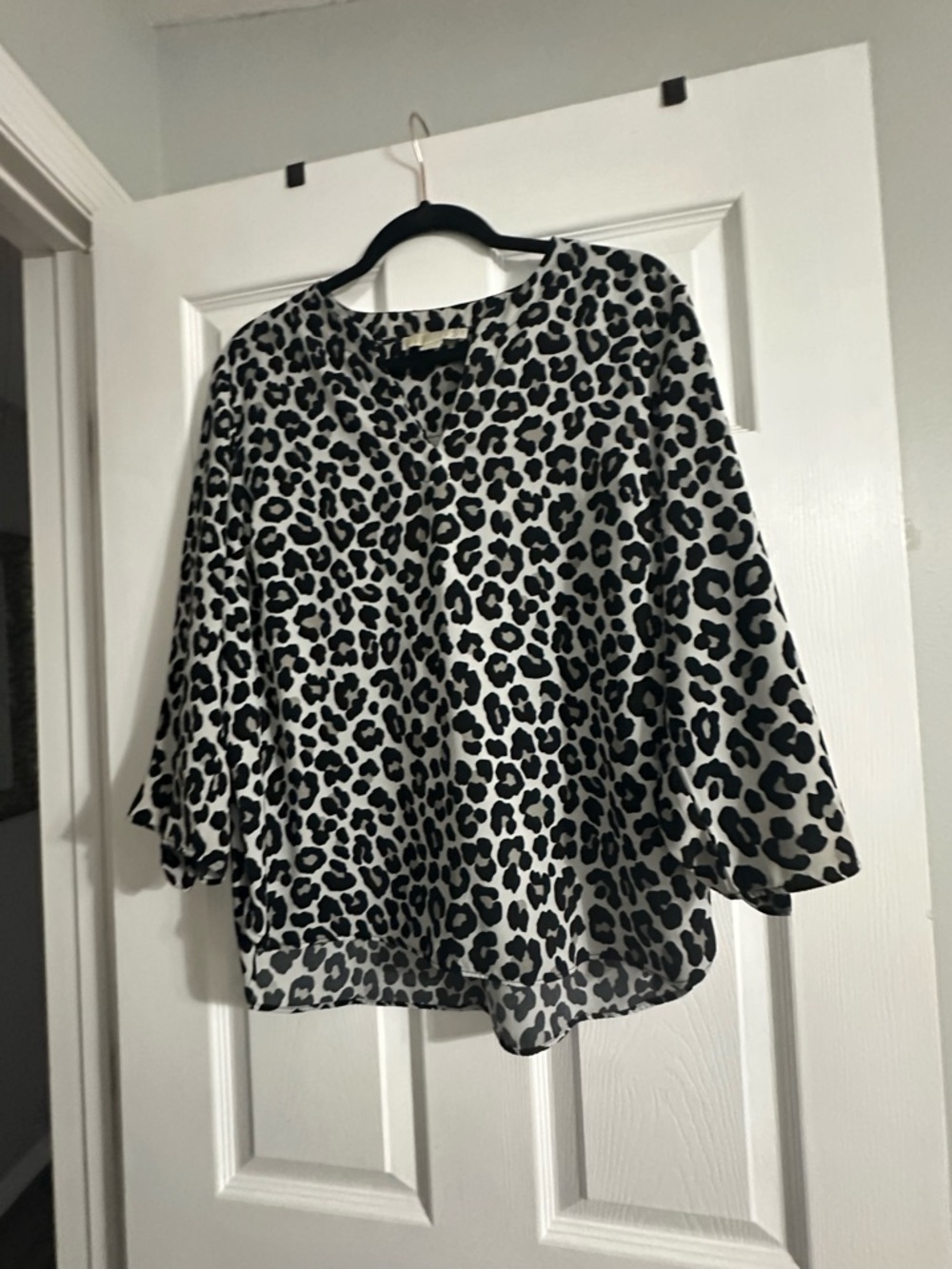 Michael Kors Black and White Leopard-Print V-Neck Blouse